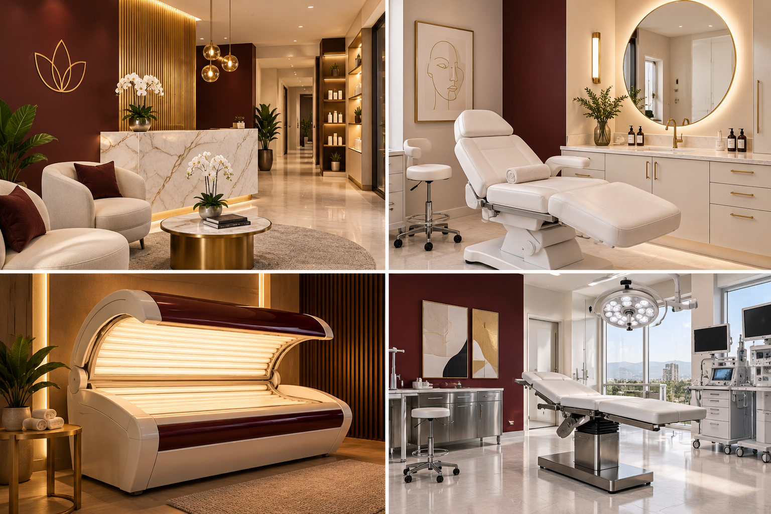 Medical spa and cosmetic practice reception, treatment, equipment, and procedure spaces